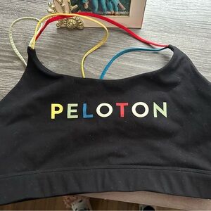 Peloton Black Sports Bra with Rainbow Logo and Multicolor Straps. Size Lg.